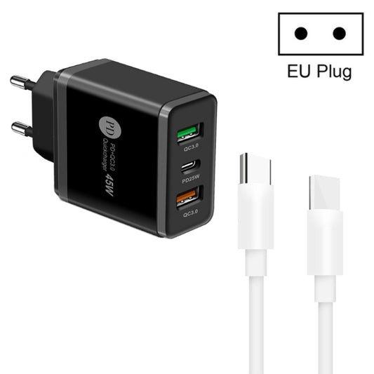 45W PD3.0 + 2 x QC3.0 USB Multi Port Charger with Type-C to Type-C Cable, EU Plug(Black) - USB Charger by buy2fix | Online Shopping UK | buy2fix