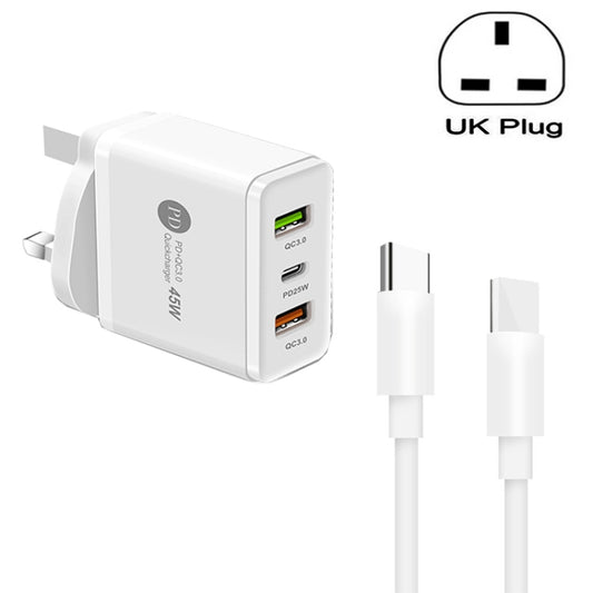 45W PD3.0 + 2 x QC3.0 USB Multi Port Charger with Type-C to Type-C Cable, UK Plug(White) - USB Charger by buy2fix | Online Shopping UK | buy2fix