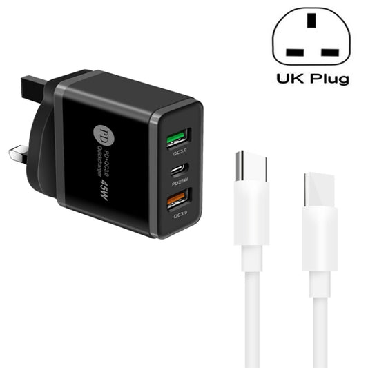 45W PD3.0 + 2 x QC3.0 USB Multi Port Charger with Type-C to Type-C Cable, UK Plug(Black) - USB Charger by buy2fix | Online Shopping UK | buy2fix