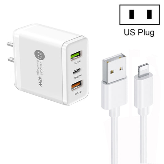 45W PD25W + 2 x QC3.0 USB Multi Port Charger with USB to 8 Pin Cable, US Plug(White) - USB Charger by buy2fix | Online Shopping UK | buy2fix