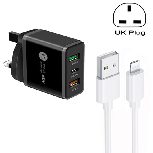 45W PD25W + 2 x QC3.0 USB Multi Port Charger with USB to 8 Pin Cable, UK Plug(Black) - USB Charger by buy2fix | Online Shopping UK | buy2fix