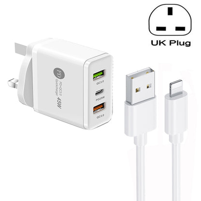 45W PD25W + 2 x QC3.0 USB Multi Port Charger with USB to 8 Pin Cable, UK Plug(White) - USB Charger by buy2fix | Online Shopping UK | buy2fix