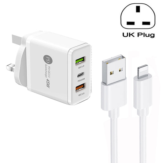 45W PD25W + 2 x QC3.0 USB Multi Port Charger with USB to 8 Pin Cable, UK Plug(White) - USB Charger by buy2fix | Online Shopping UK | buy2fix