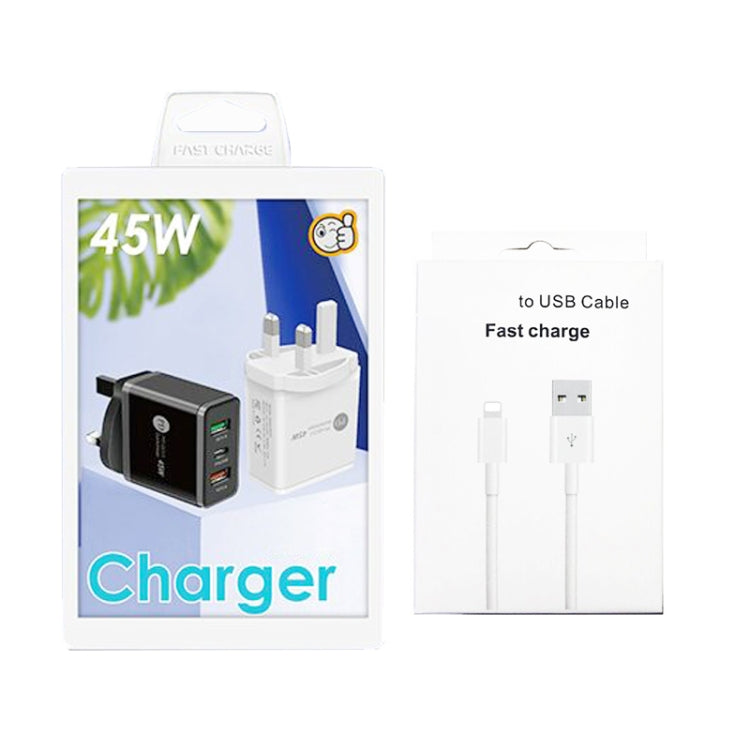 45W PD25W + 2 x QC3.0 USB Multi Port Charger with USB to 8 Pin Cable, UK Plug(White) - USB Charger by buy2fix | Online Shopping UK | buy2fix