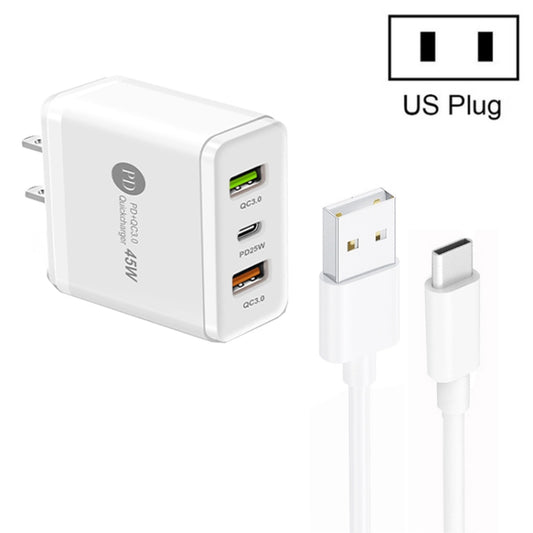 45W PD25W + 2 x QC3.0 USB Multi Port Charger with USB to Type-C Cable, US Plug(White) - USB Charger by buy2fix | Online Shopping UK | buy2fix