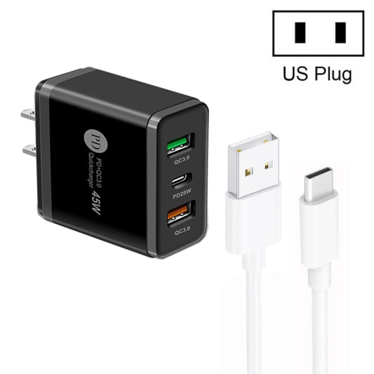 45W PD25W + 2 x QC3.0 USB Multi Port Charger with USB to Type-C Cable, US Plug(Black) - USB Charger by buy2fix | Online Shopping UK | buy2fix