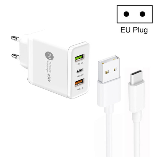 45W PD25W + 2 x QC3.0 USB Multi Port Charger with USB to Type-C Cable, EU Plug(White) - USB Charger by buy2fix | Online Shopping UK | buy2fix