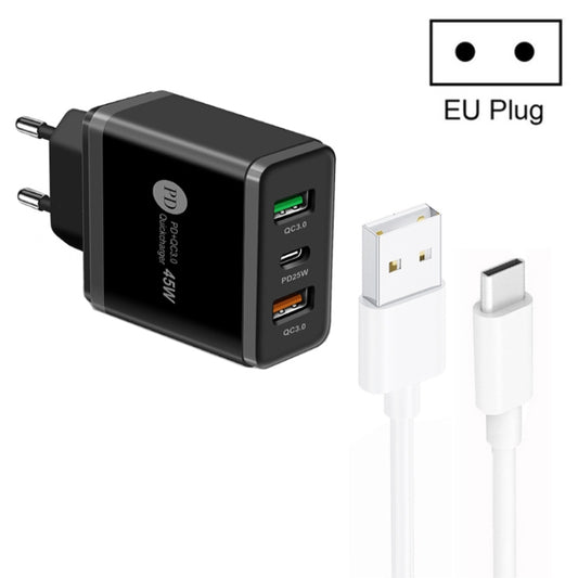 45W PD25W + 2 x QC3.0 USB Multi Port Charger with USB to Type-C Cable, EU Plug(Black) - USB Charger by buy2fix | Online Shopping UK | buy2fix