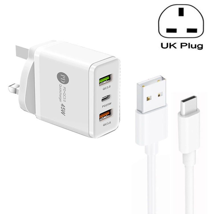 45W PD25W + 2 x QC3.0 USB Multi Port Charger with USB to Type-C Cable, UK Plug(White) - USB Charger by buy2fix | Online Shopping UK | buy2fix