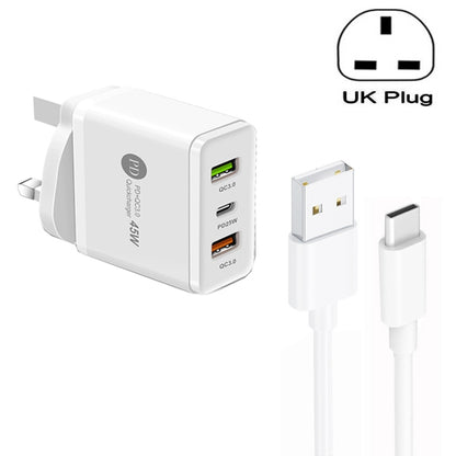 45W PD25W + 2 x QC3.0 USB Multi Port Charger with USB to Type-C Cable, UK Plug(White) - USB Charger by buy2fix | Online Shopping UK | buy2fix