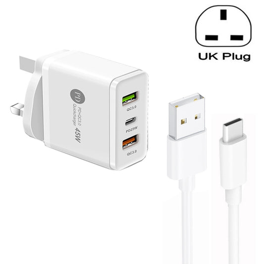 45W PD25W + 2 x QC3.0 USB Multi Port Charger with USB to Type-C Cable, UK Plug(White) - USB Charger by buy2fix | Online Shopping UK | buy2fix