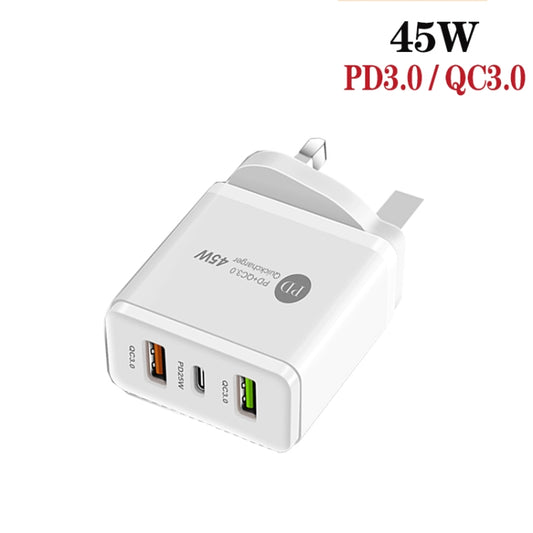 45W PD25W + 2 x QC3.0 USB Multi Port Charger with USB to Type-C Cable, UK Plug(White) - USB Charger by buy2fix | Online Shopping UK | buy2fix