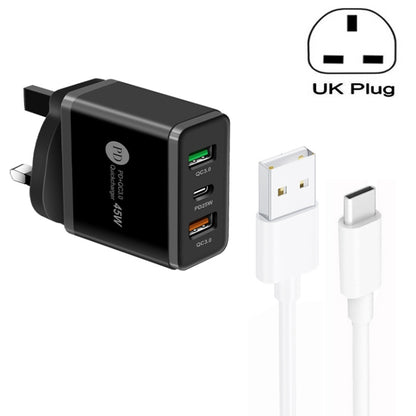 45W PD25W + 2 x QC3.0 USB Multi Port Charger with USB to Type-C Cable, UK Plug(Black) - USB Charger by buy2fix | Online Shopping UK | buy2fix