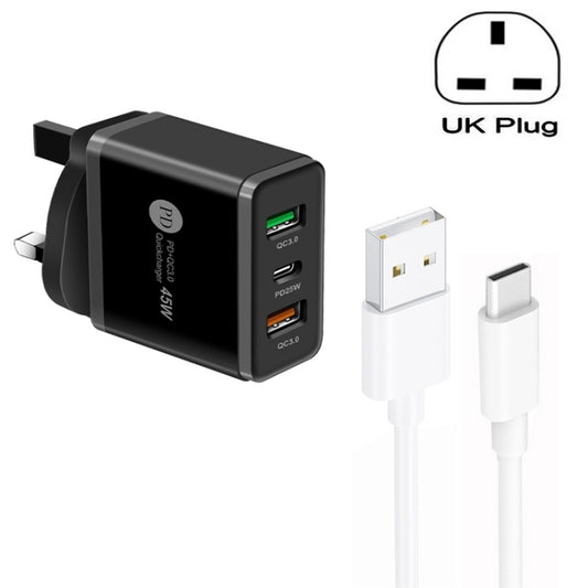 45W PD25W + 2 x QC3.0 USB Multi Port Charger with USB to Type-C Cable, UK Plug(Black) - USB Charger by buy2fix | Online Shopping UK | buy2fix