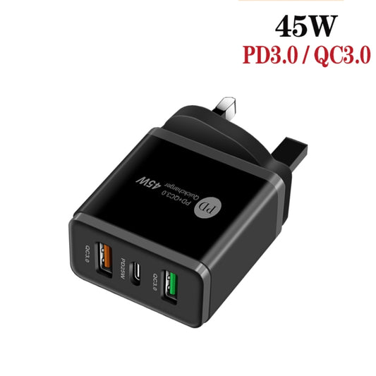 45W PD25W + 2 x QC3.0 USB Multi Port Charger with USB to Type-C Cable, UK Plug(Black) - USB Charger by buy2fix | Online Shopping UK | buy2fix