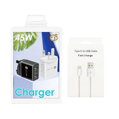 45W PD25W + 2 x QC3.0 USB Multi Port Charger with USB to Type-C Cable, UK Plug(White) - USB Charger by buy2fix | Online Shopping UK | buy2fix