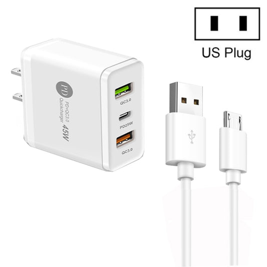 45W PD25W + 2 x QC3.0 USB Multi Port Charger with USB to Micro USB Cable, US Plug(White) - USB Charger by buy2fix | Online Shopping UK | buy2fix