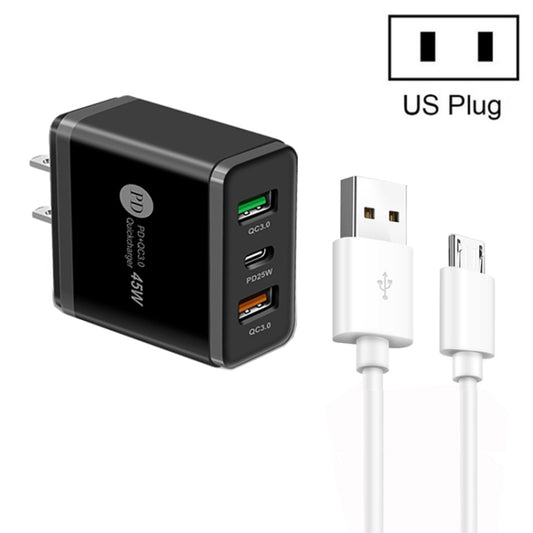 45W PD25W + 2 x QC3.0 USB Multi Port Charger with USB to Micro USB Cable, US Plug(Black) - USB Charger by buy2fix | Online Shopping UK | buy2fix