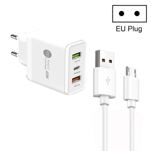45W PD25W + 2 x QC3.0 USB Multi Port Charger with USB to Micro USB Cable, EU Plug(White) - USB Charger by buy2fix | Online Shopping UK | buy2fix