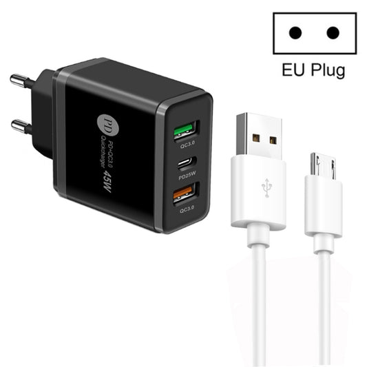 45W PD25W + 2 x QC3.0 USB Multi Port Charger with USB to Micro USB Cable, EU Plug(Black) - USB Charger by buy2fix | Online Shopping UK | buy2fix
