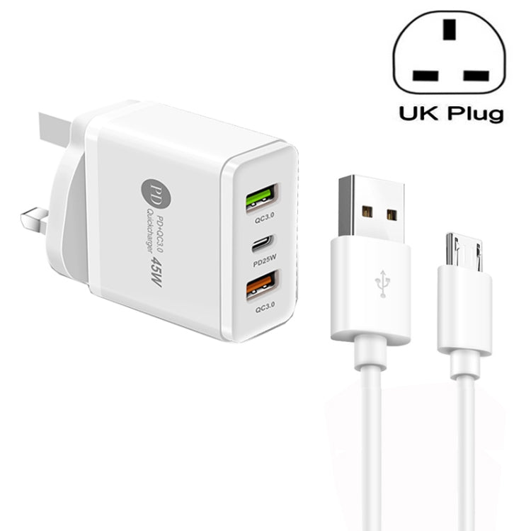 45W PD25W + 2 x QC3.0 USB Multi Port Charger with USB to Micro USB Cable, UK Plug(White) - USB Charger by buy2fix | Online Shopping UK | buy2fix