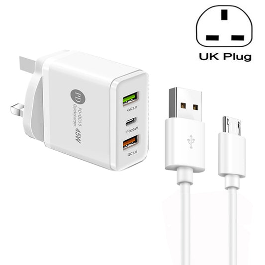 45W PD25W + 2 x QC3.0 USB Multi Port Charger with USB to Micro USB Cable, UK Plug(White) - USB Charger by buy2fix | Online Shopping UK | buy2fix