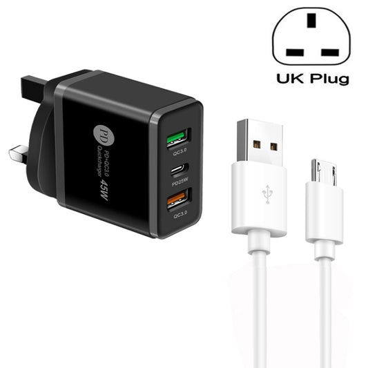 45W PD25W + 2 x QC3.0 USB Multi Port Charger with USB to Micro USB Cable, UK Plug(Black) - USB Charger by buy2fix | Online Shopping UK | buy2fix