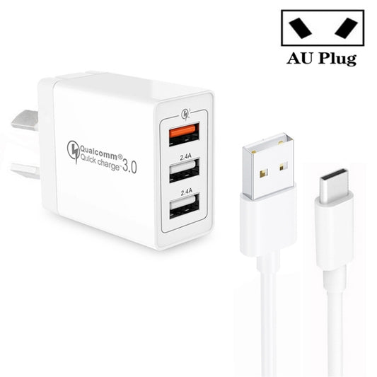 SDC-30W QC3.0 USB + 2 x USB2.0 Port Quick Charger with USB to Type-C Cable, AU Plug - USB Charger by buy2fix | Online Shopping UK | buy2fix