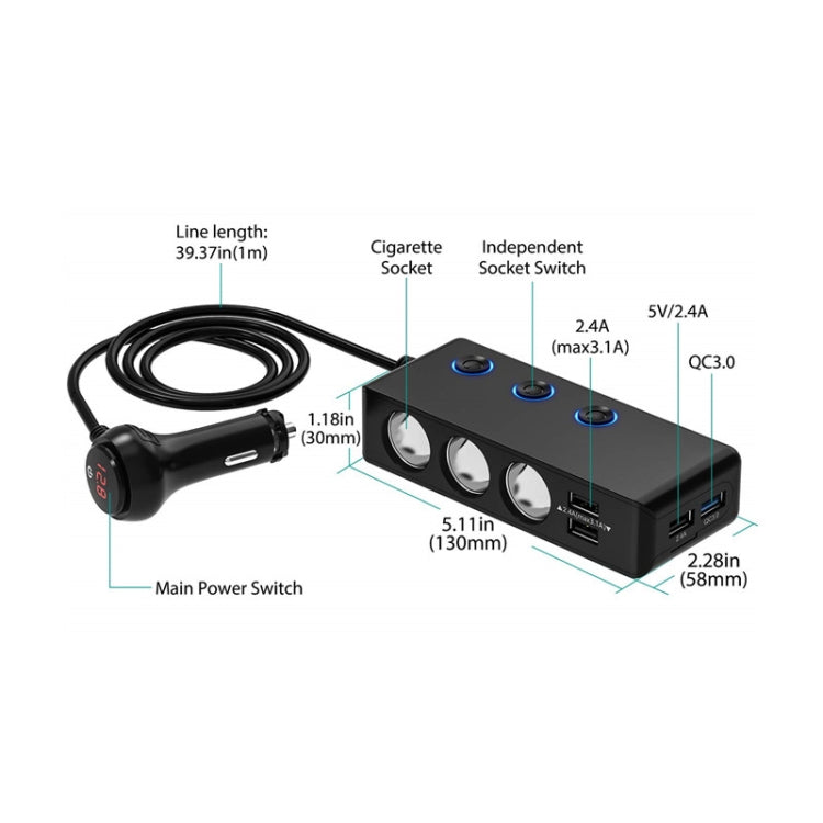 TR30 QC 3.0 Multifunctional 3 Cigarette Lighter  High Power Car Charger - Cigar Socket by buy2fix | Online Shopping UK | buy2fix