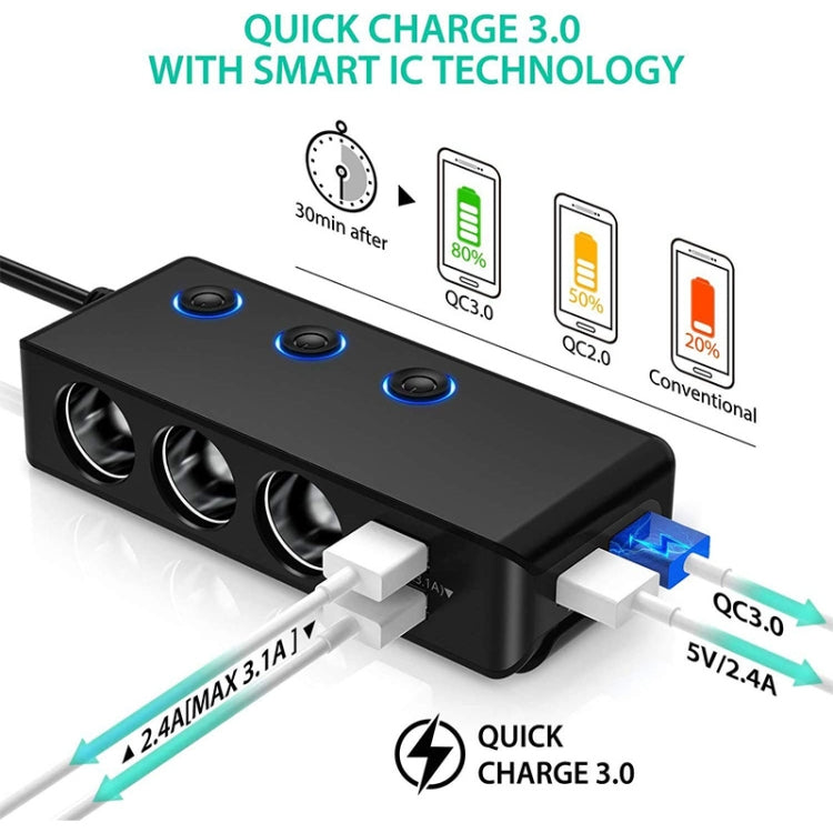 TR30 QC 3.0 Multifunctional 3 Cigarette Lighter  High Power Car Charger - Cigar Socket by buy2fix | Online Shopping UK | buy2fix