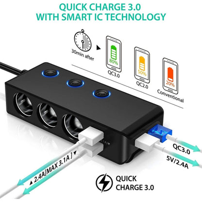 TR30 QC 3.0 Multifunctional 3 Cigarette Lighter  High Power Car Charger - Cigar Socket by buy2fix | Online Shopping UK | buy2fix