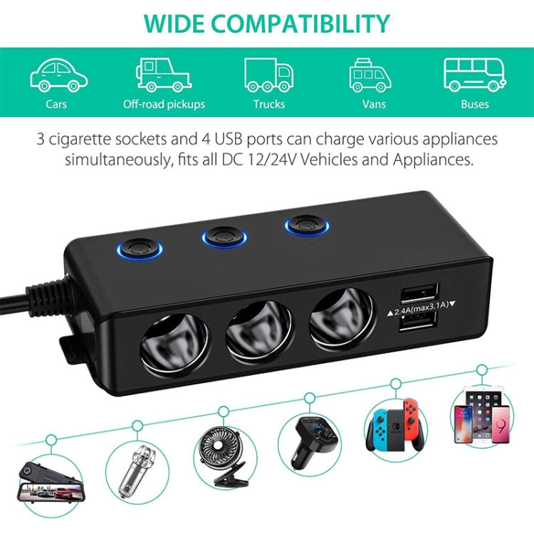 TR30 QC 3.0 Multifunctional 3 Cigarette Lighter  High Power Car Charger - Cigar Socket by buy2fix | Online Shopping UK | buy2fix