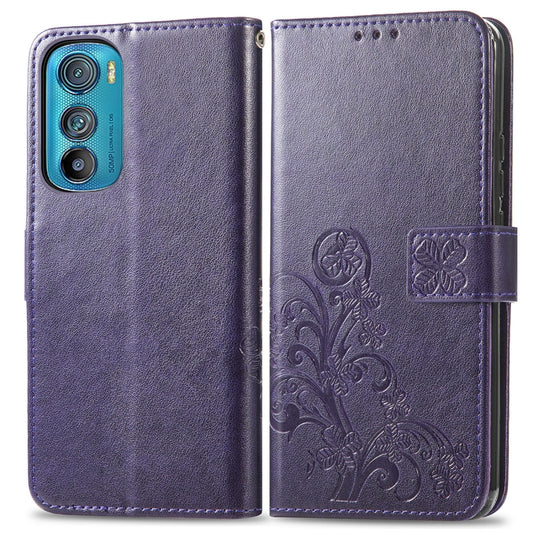 For Motorola Edge 30 Four-leaf Clasp Embossed Buckle Leather Phone Case(Purple) - Motorola Cases by buy2fix | Online Shopping UK | buy2fix