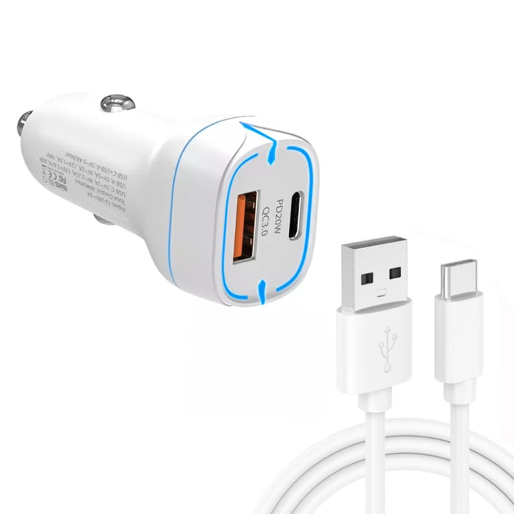 38W PD20W + QC3.0 USB Car Charger with USB to Type-C Data Cable, Length: 1m(White) - Car Charger by buy2fix | Online Shopping UK | buy2fix