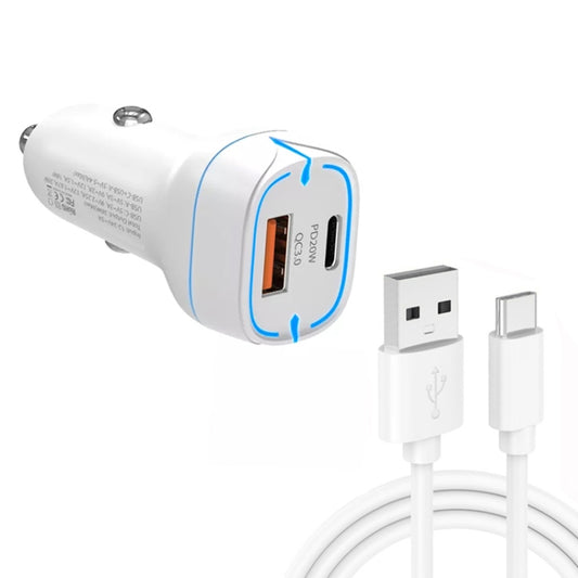 38W PD20W + QC3.0 USB Car Charger with USB to Type-C Data Cable, Length: 1m(White) - Car Charger by buy2fix | Online Shopping UK | buy2fix