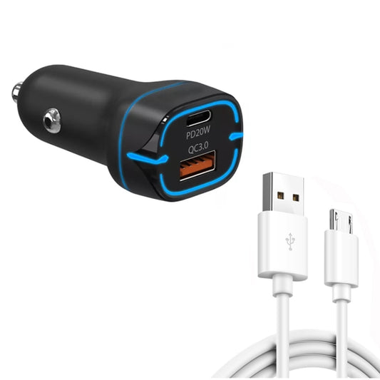 38W PD20W + QC3.0 USB Car Charger with USB to Micro USB Data Cable, Length: 1m(Black) - Car Charger by buy2fix | Online Shopping UK | buy2fix