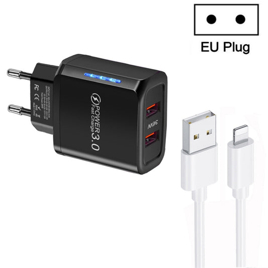 36W Dual Port QC3.0 USB Charger with 3A USB to 8 Pin Data Cable, EU Plug(Black) - USB Charger by buy2fix | Online Shopping UK | buy2fix