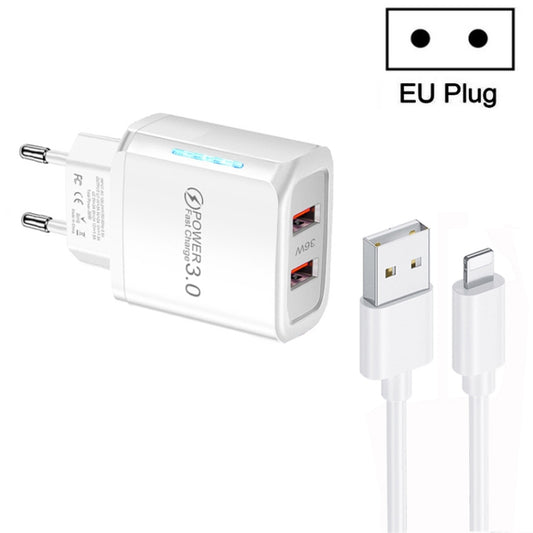 36W Dual Port QC3.0 USB Charger with 3A USB to 8 Pin Data Cable, EU Plug(White) - USB Charger by buy2fix | Online Shopping UK | buy2fix