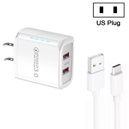 36W Dual Port QC3.0 USB Charger with 3A USB to Type-C Data Cable, US Plug(White) - USB Charger by buy2fix | Online Shopping UK | buy2fix