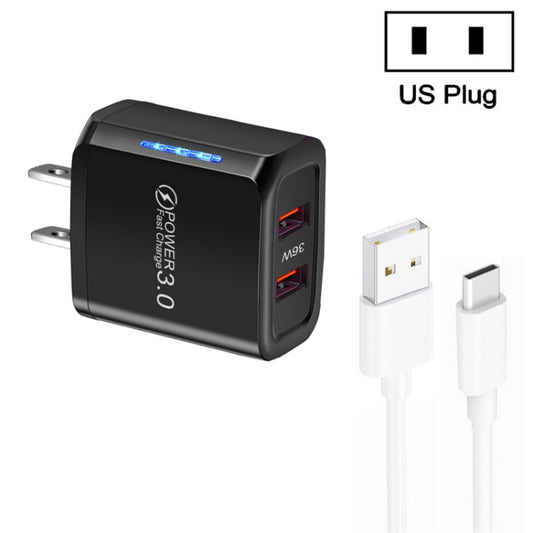 36W Dual Port QC3.0 USB Charger with 3A USB to Type-C Data Cable, US Plug(Black) - USB Charger by buy2fix | Online Shopping UK | buy2fix