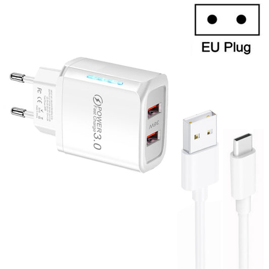 36W Dual Port QC3.0 USB Charger with 3A USB to Type-C Data Cable , EU Plug(White) - USB Charger by buy2fix | Online Shopping UK | buy2fix