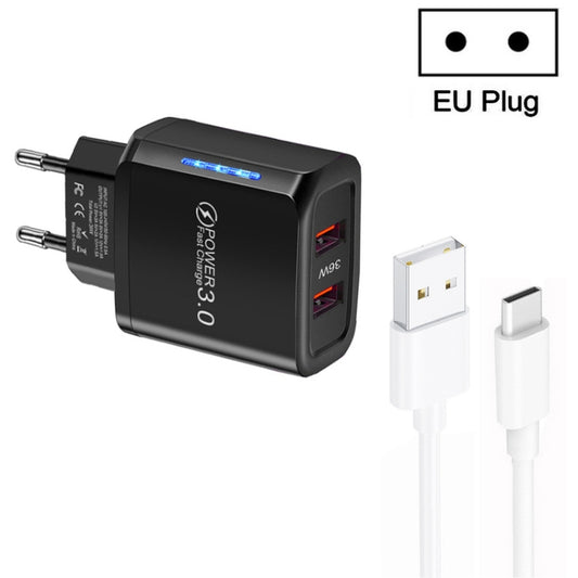 36W Dual Port QC3.0 USB Charger with 3A USB to Type-C Data Cable , EU Plug(Black) - USB Charger by buy2fix | Online Shopping UK | buy2fix