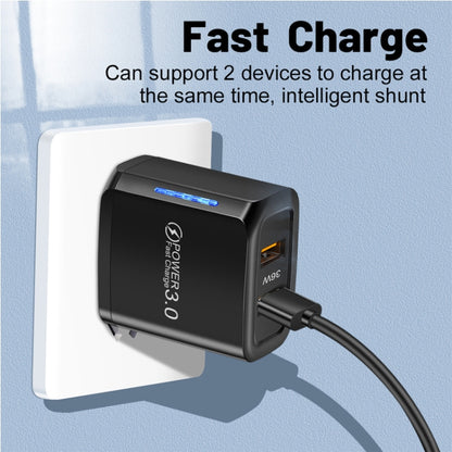 36W Dual Port QC3.0 USB Charger with 3A USB to Type-C Data Cable , EU Plug(Black) - USB Charger by buy2fix | Online Shopping UK | buy2fix