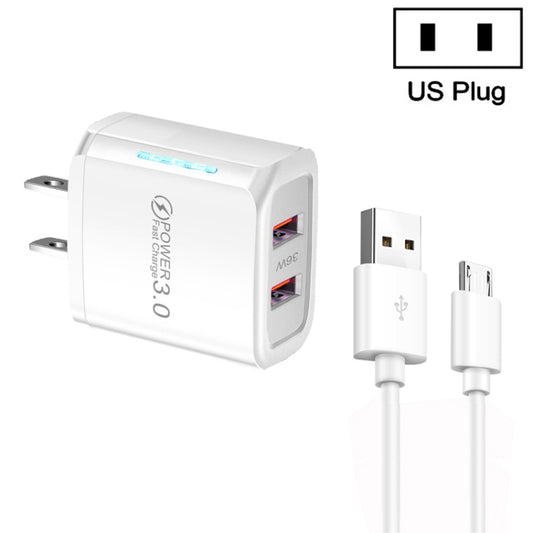 36W Dual Port QC3.0 USB Charger with 3A USB to Micro USB Data Cable, US Plug(White) - USB Charger by buy2fix | Online Shopping UK | buy2fix