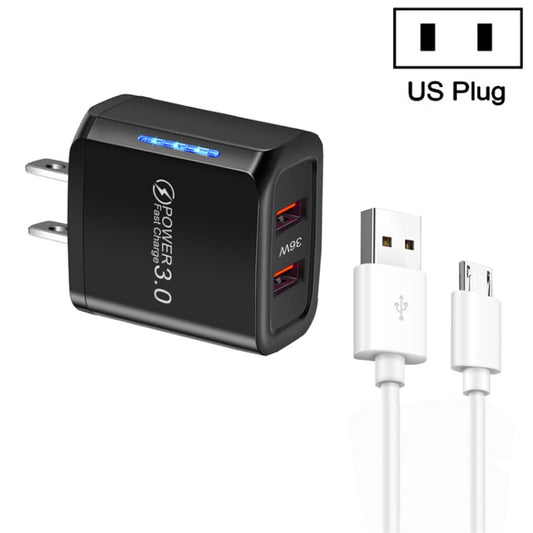 36W Dual Port QC3.0 USB Charger with 3A USB to Micro USB Data Cable, US Plug(Black) - USB Charger by buy2fix | Online Shopping UK | buy2fix