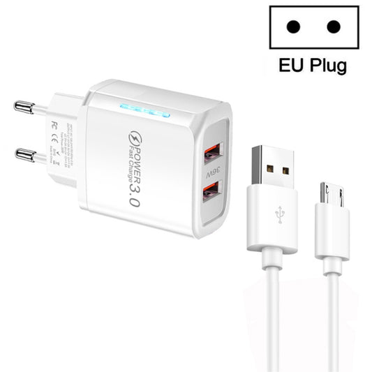 36W Dual Port QC3.0 USB Charger with 3A USB to Micro USB Data Cable, EU Plug(White) - USB Charger by buy2fix | Online Shopping UK | buy2fix