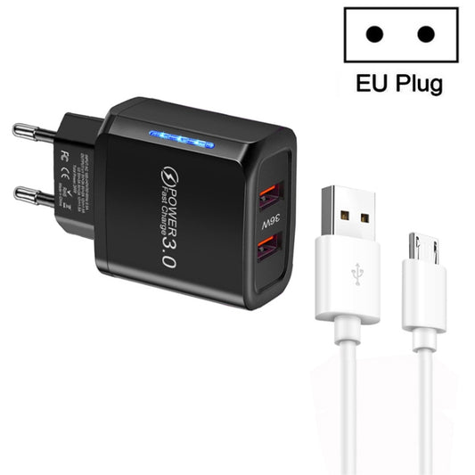 36W Dual Port QC3.0 USB Charger with 3A USB to Micro USB Data Cable, EU Plug(Black) - USB Charger by buy2fix | Online Shopping UK | buy2fix