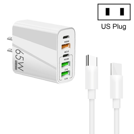 65W Dual PD Type-C + 3 x USB Multi Port Charger with 3A Type-C to Type-C Data Cable, US Plug(White) - USB Charger by buy2fix | Online Shopping UK | buy2fix