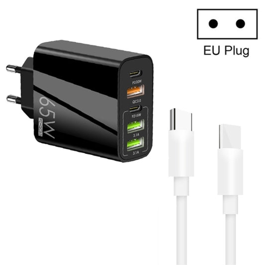 65W Dual PD Type-C + 3 x USB Multi Port Charger with 3A Type-C to Type-C Data Cable, EU Plug(Black) - USB Charger by buy2fix | Online Shopping UK | buy2fix