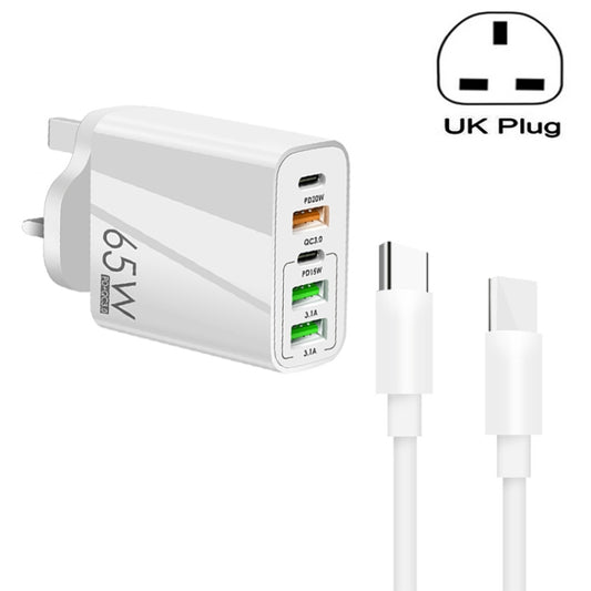 65W Dual PD Type-C + 3 x USB Multi Port Charger with 3A Type-C to Type-C Data Cable, UK Plug(White) - USB Charger by buy2fix | Online Shopping UK | buy2fix